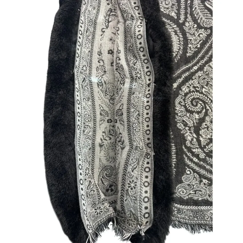 Paisley Pashmina Wrap Faux Fur Collar Black Fringe